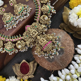 Vriksham Designer Double Lakshmi Style Pendant-Red Green White -White & Green Bead-J3323